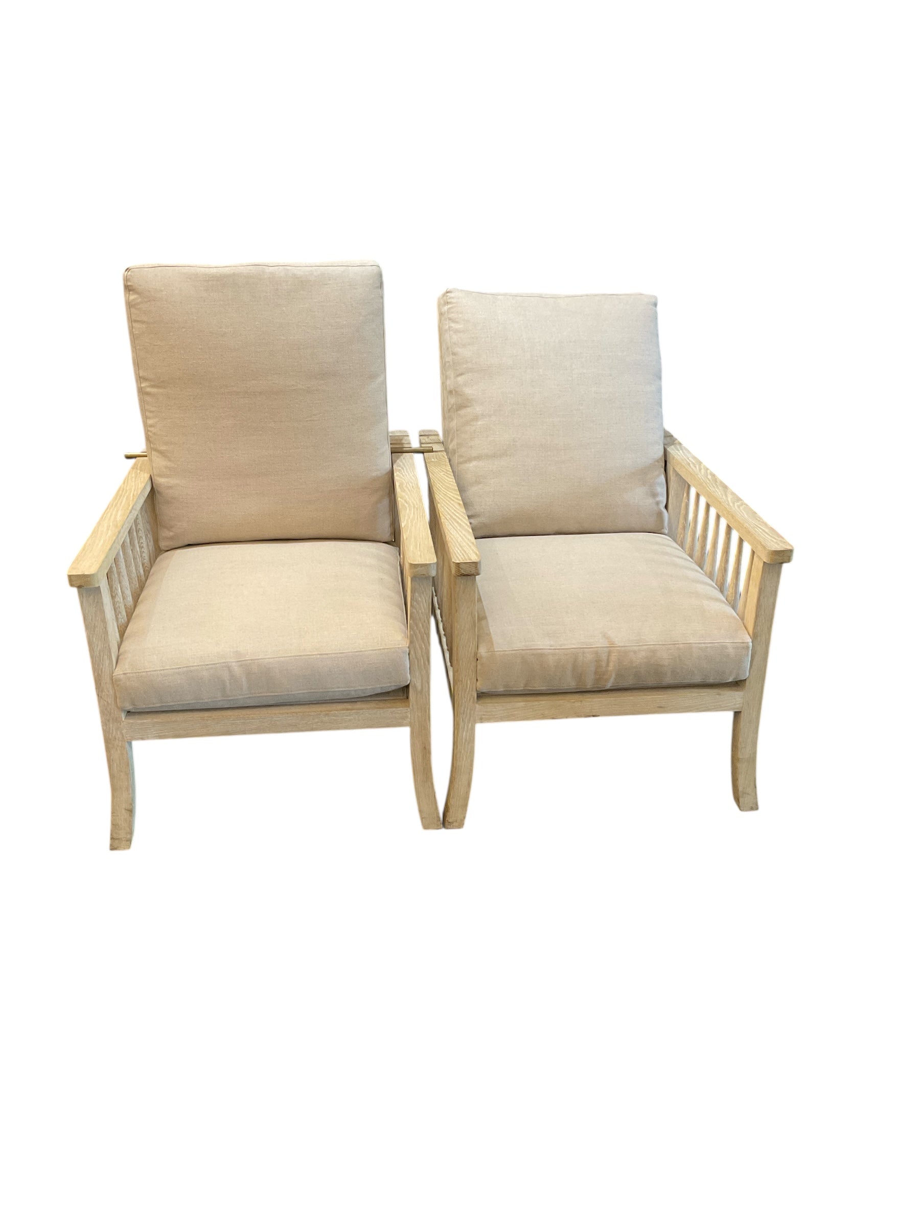 Pair of Limited Edition Adjustable Oak Slat Back Arm Chairs