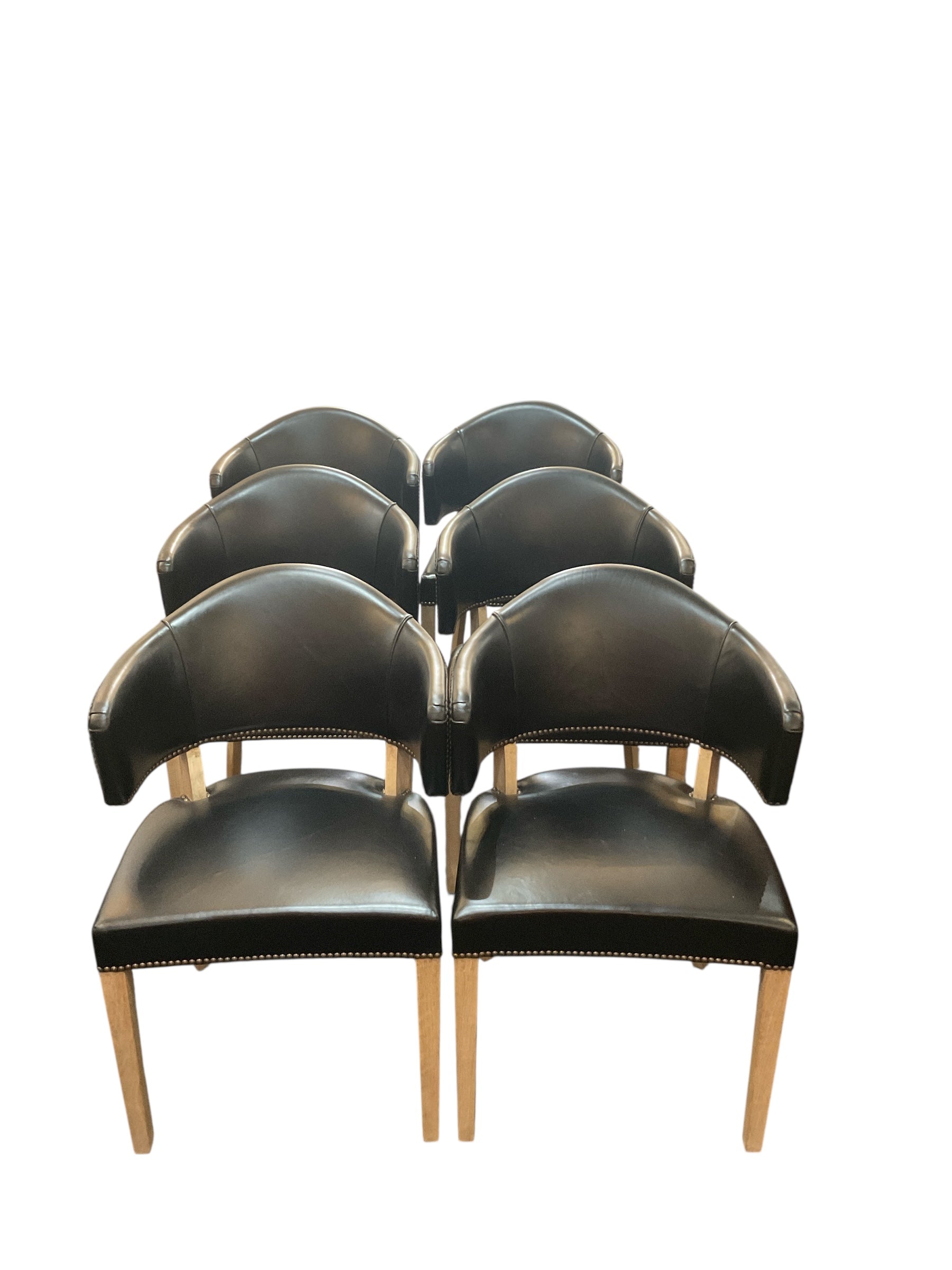 Set of (6) Black Leather Round Back Oak  Chairs