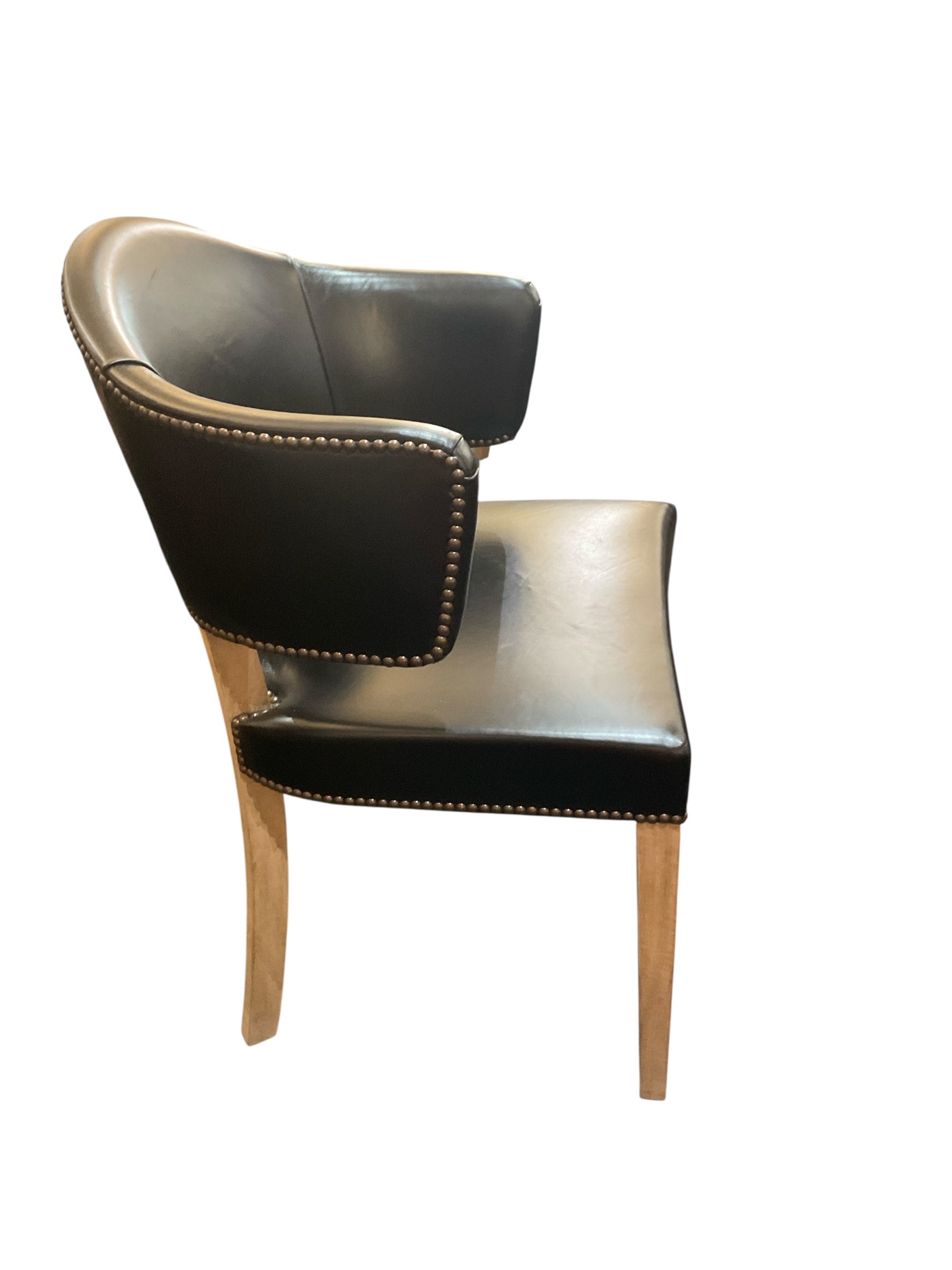 Set of (6) Black Leather Round Back Oak  Chairs