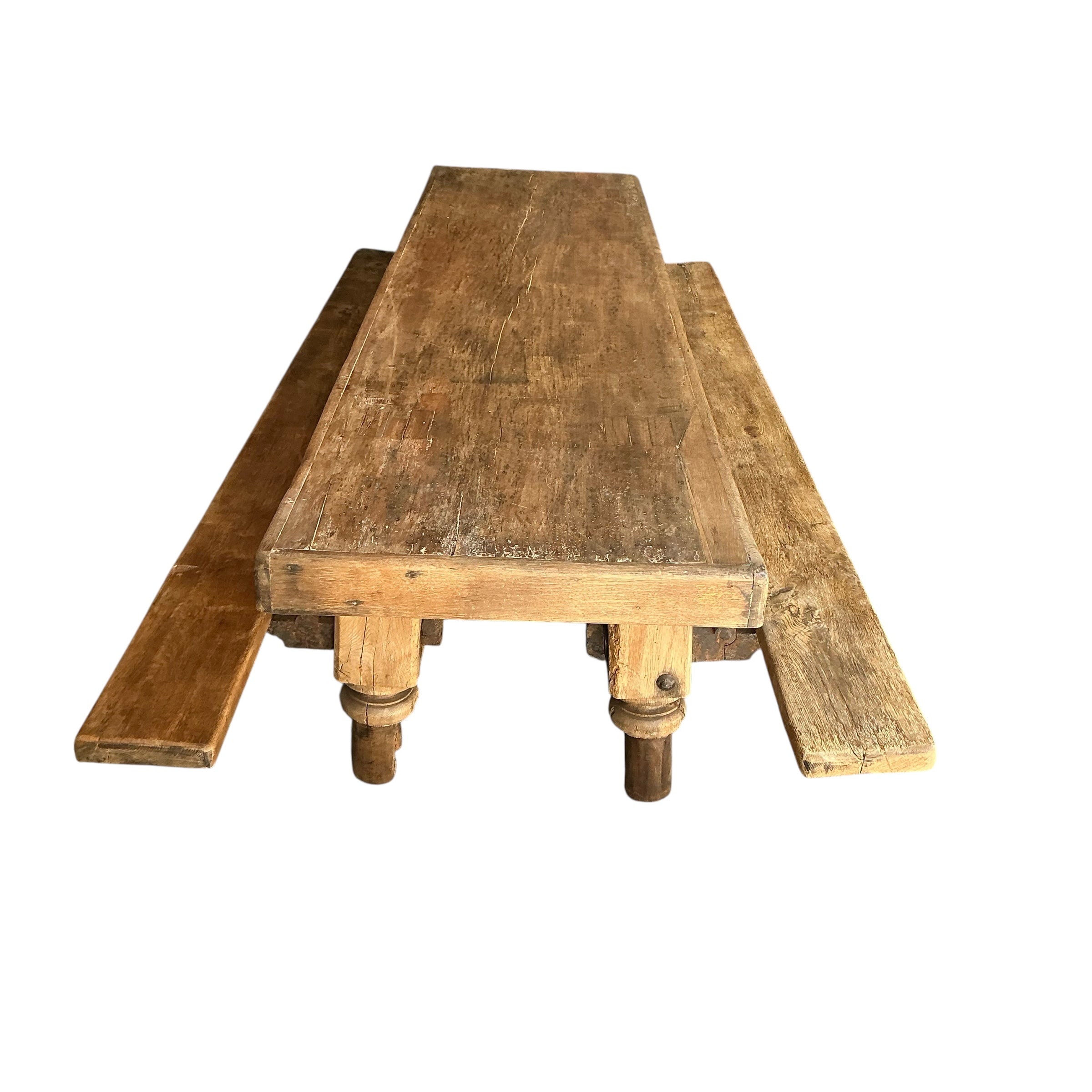 Exceptional 18th Century French Oak Dining Table With Attached Benches