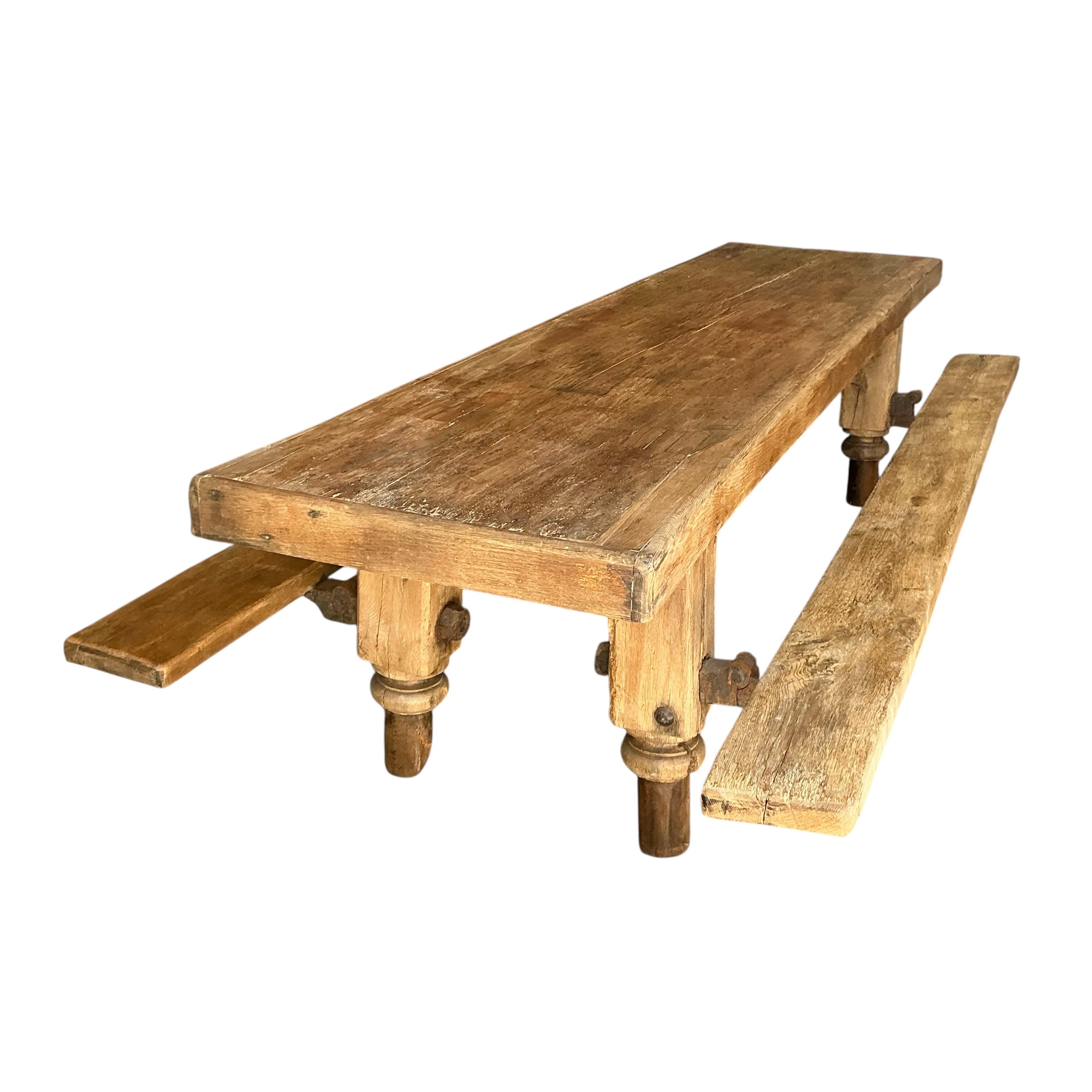Exceptional 18th Century French Oak Dining Table With Attached Benches