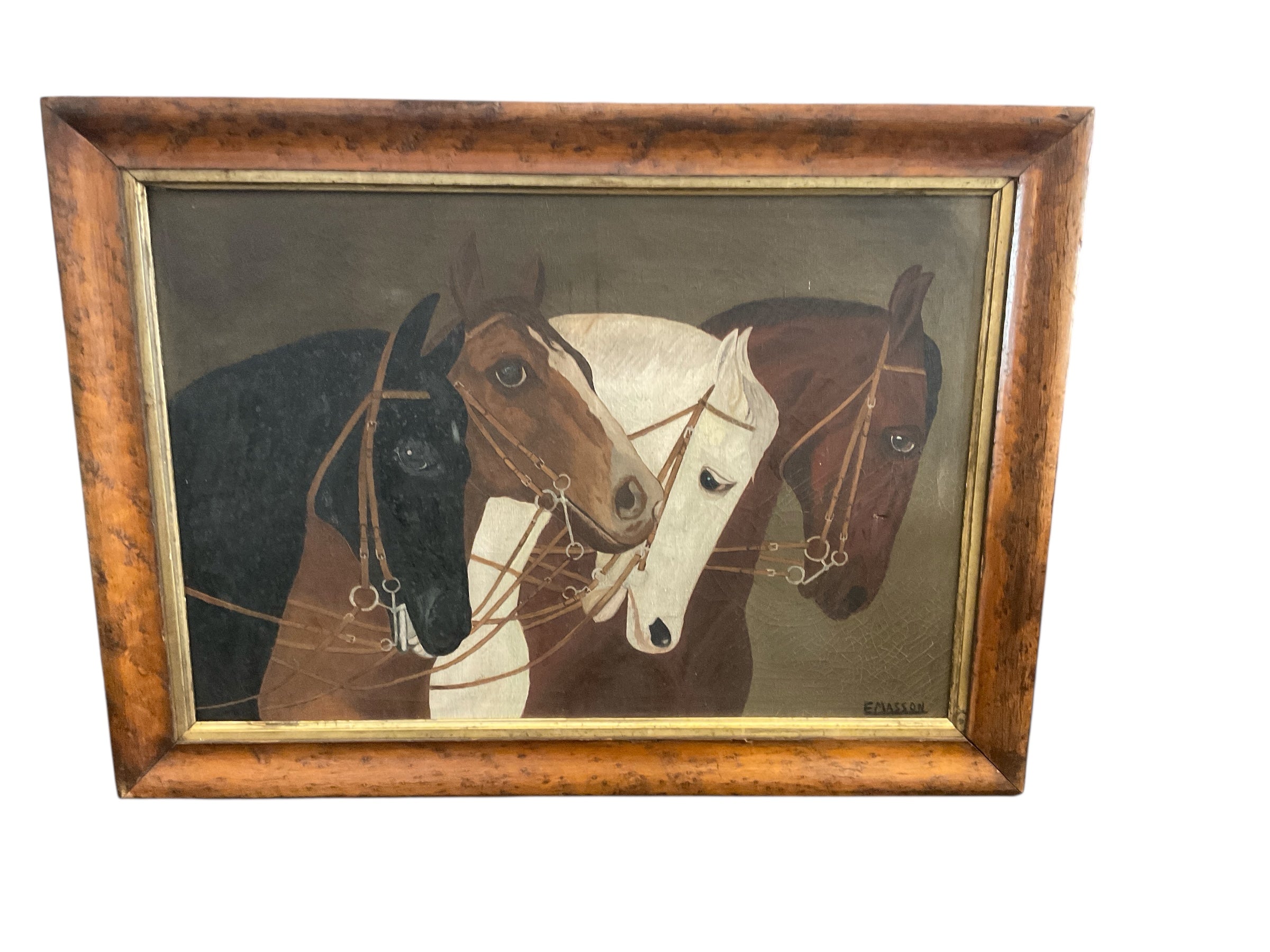 Stunning English Oil Painting Portrait of Four Horses
