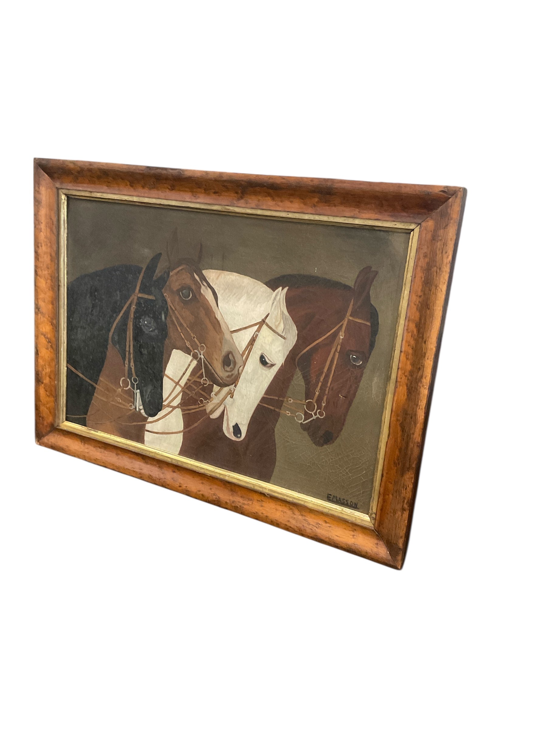 Stunning English Oil Painting Portrait of Four Horses