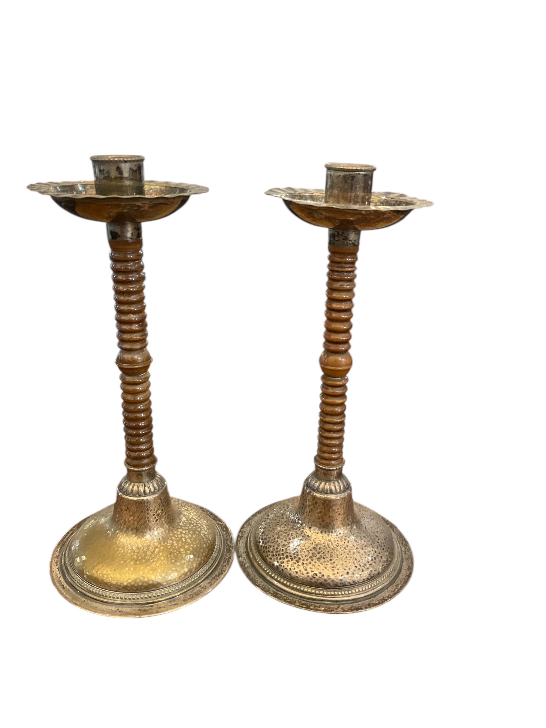 Pair of Antique brass and wood Candle holders