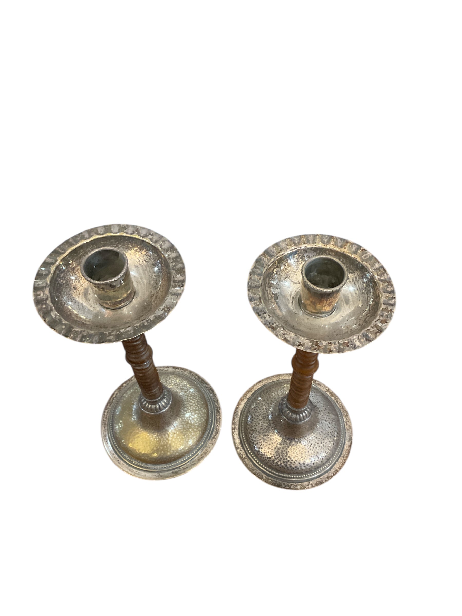 Pair of Antique brass and wood Candle holders
