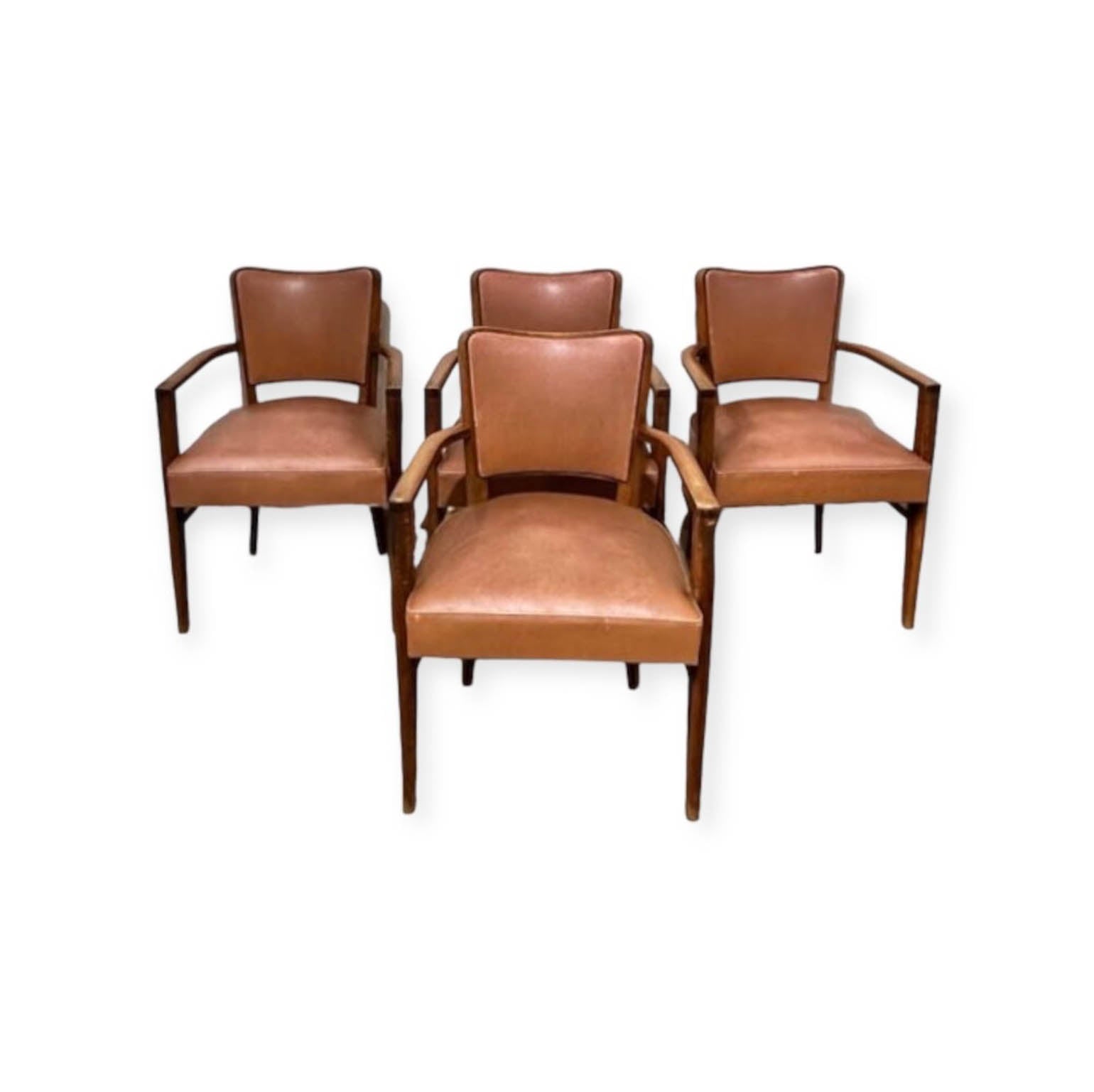 Set of (4) French Leather Bridge Arm Chairs