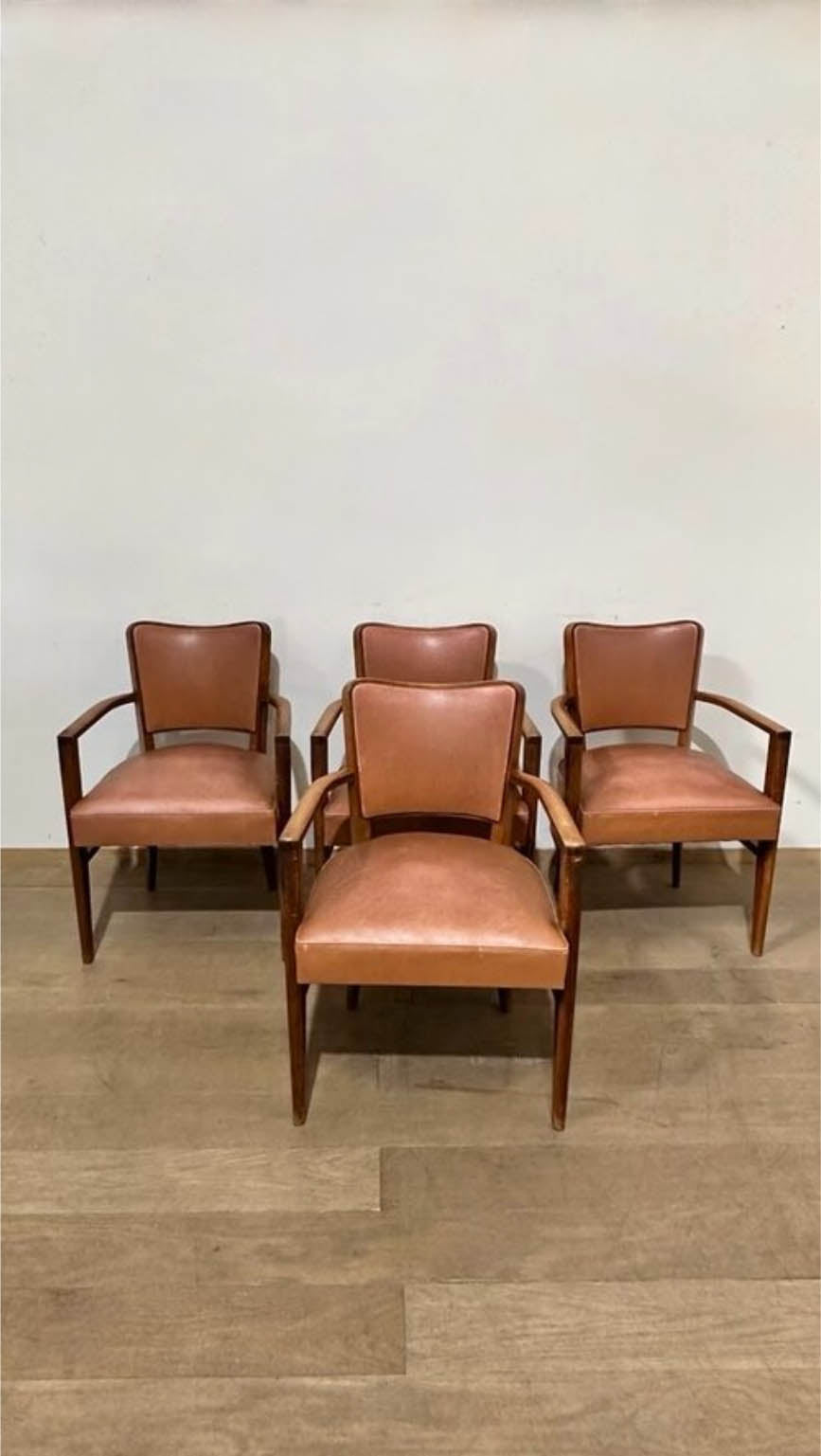 Set of (4) French Leather Bridge Arm Chairs