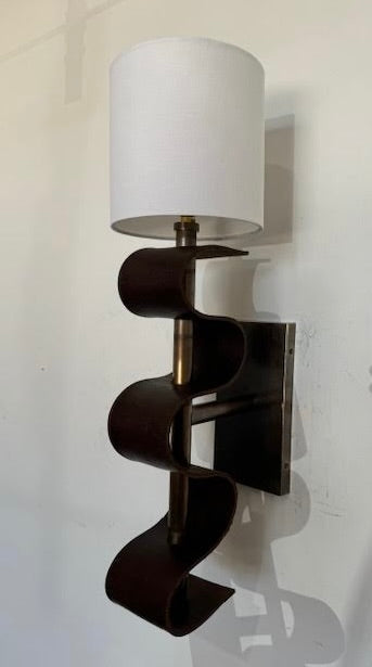 Pair of Lucca Studio Currier Sconces in Bronze and Leather