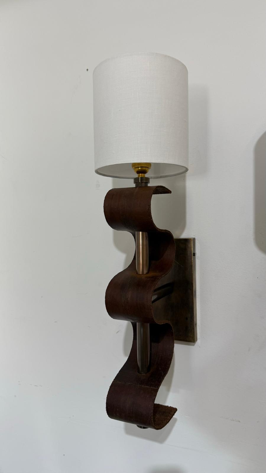 Pair of Lucca Studio Currier Sconces in Bronze and Leather