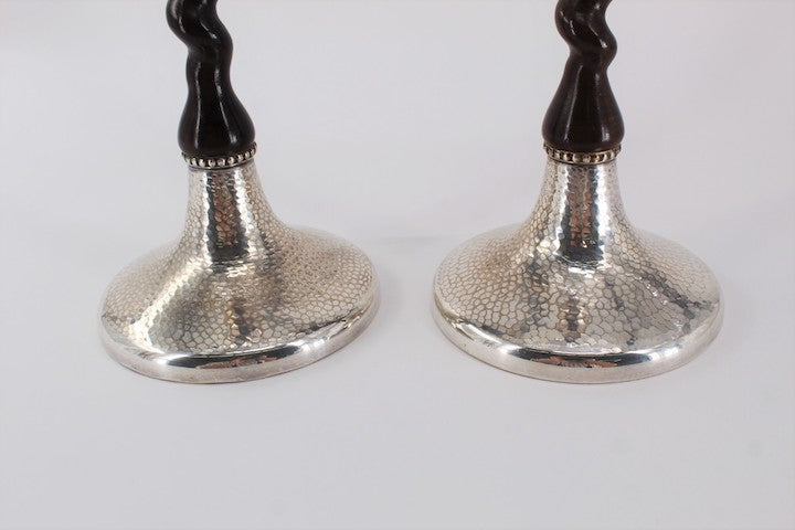 Pair of English Ebonized Oak & Silver-Plated Candleholders