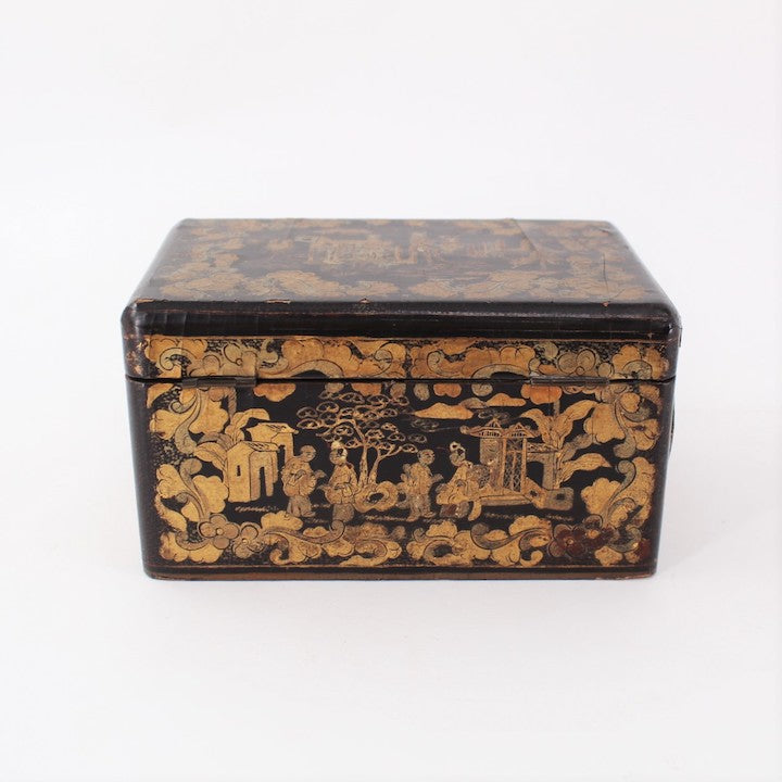 English Chinoiserie Black Lacquer & Gilt Decorated Box