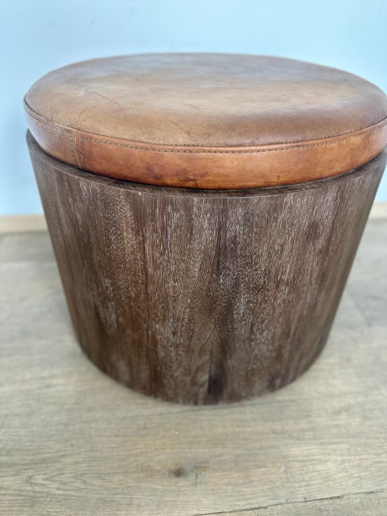 Lucca Studio Douglas Oak and Leather Top Ottoman/Stool