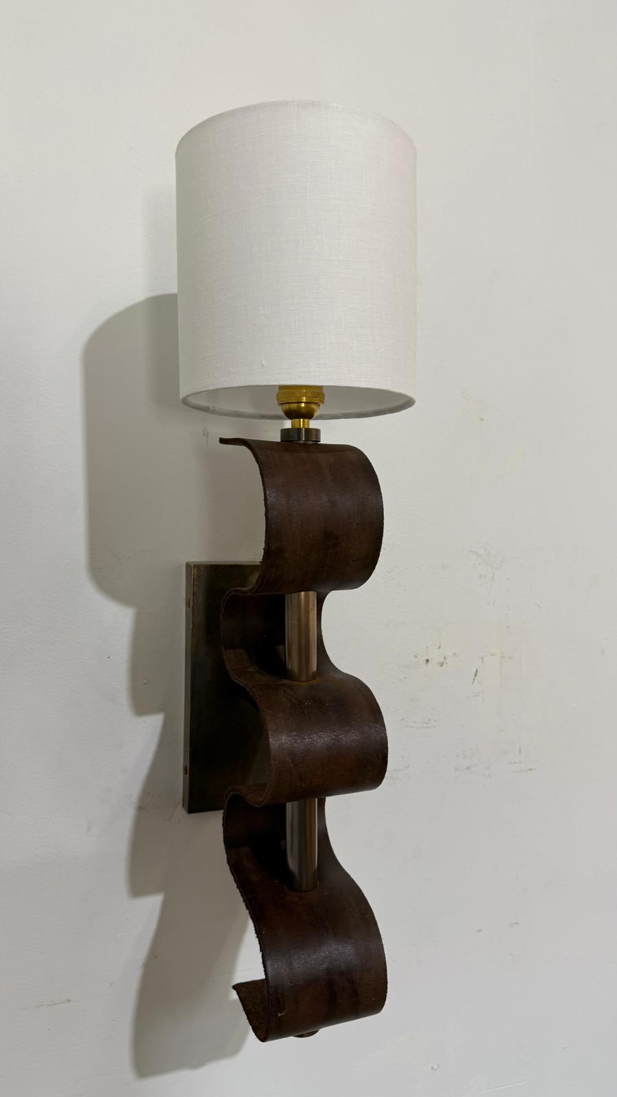 Pair of Lucca Studio Currier Sconces in Bronze and Leather