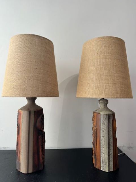 Pair of Studio Ceramic Lamps with Custom Burlap Shades