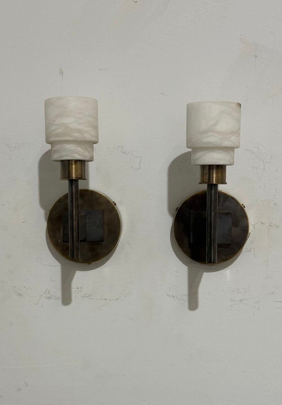 Lucca Studio Pair of Georgie Alabaster and Bronze Sconces