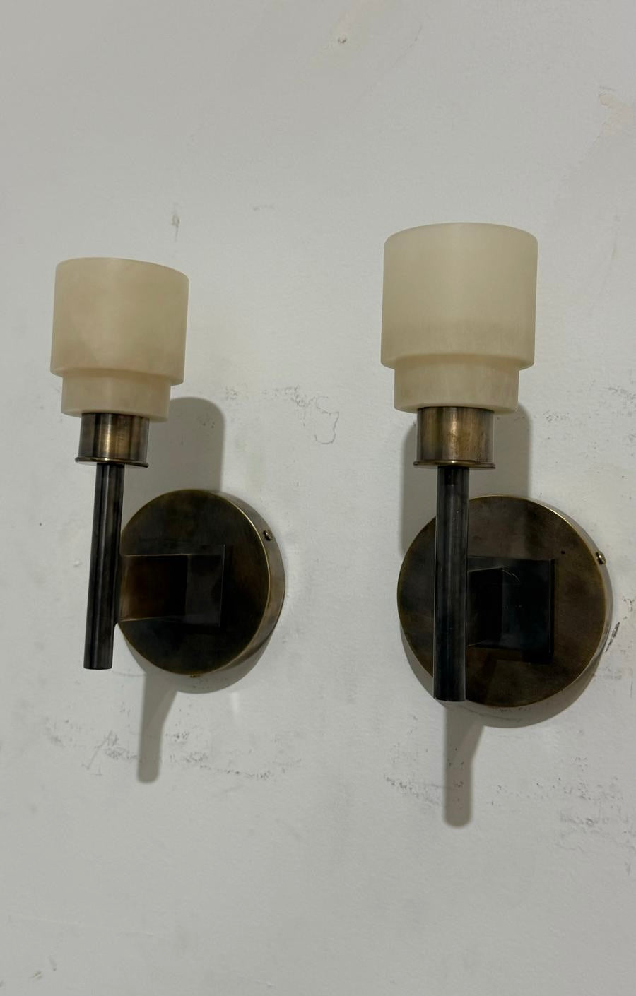 Lucca Studio Pair of Georgie Alabaster and Bronze Sconces