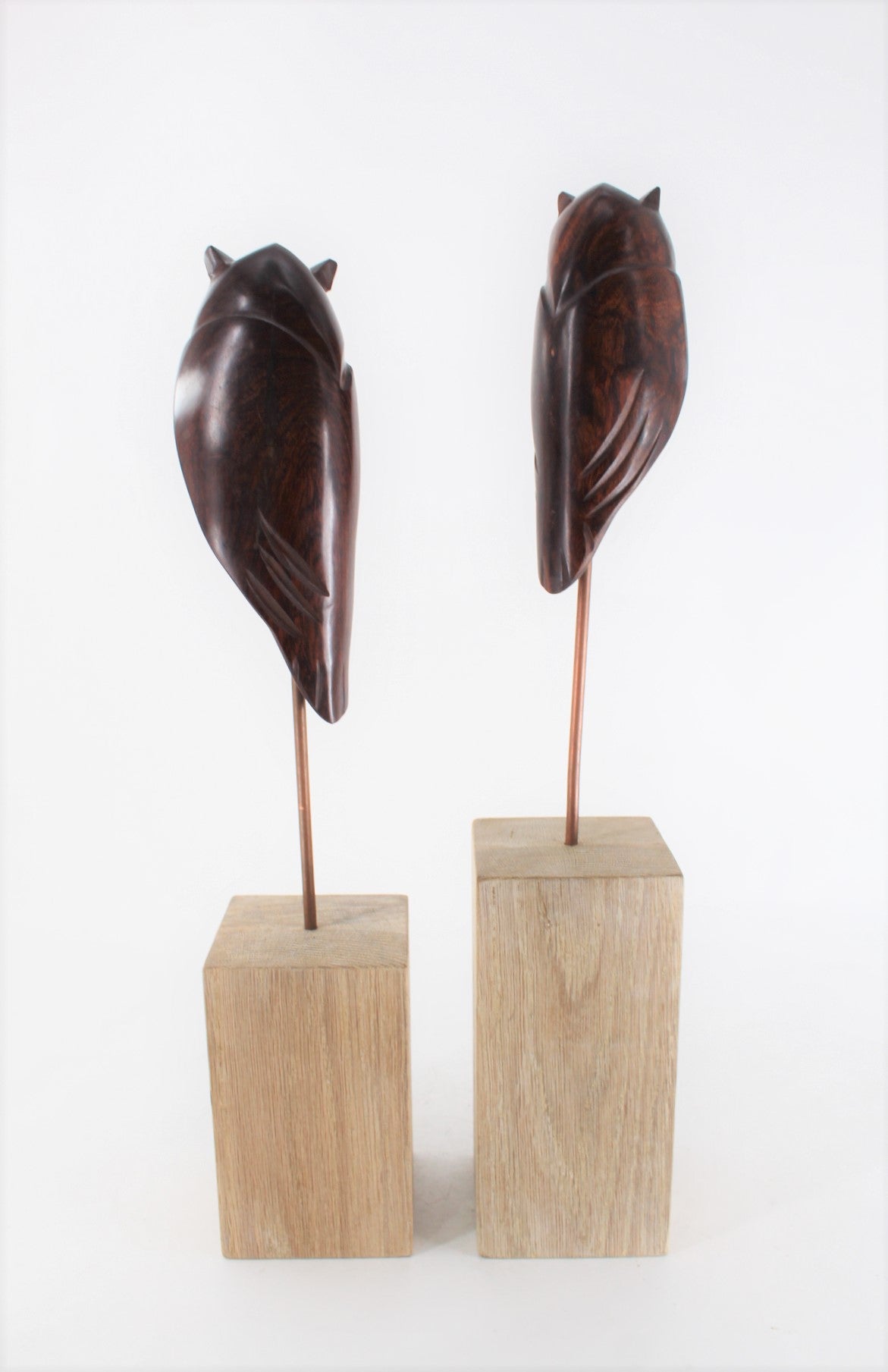 Pair of Sculpted Wooden Owls on Stands