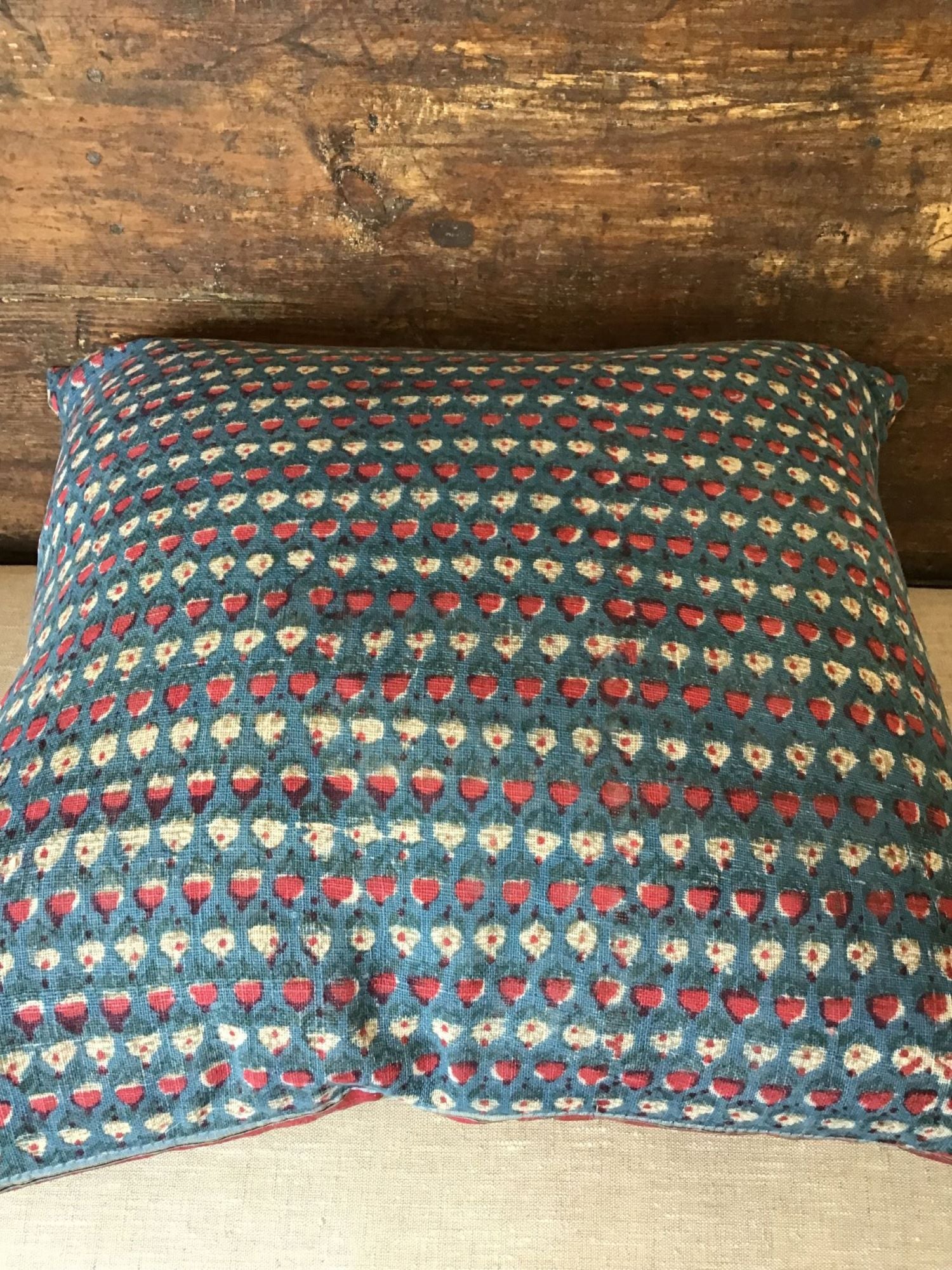 Limited Edition Antique Wood Block and Striped Textile Pillow