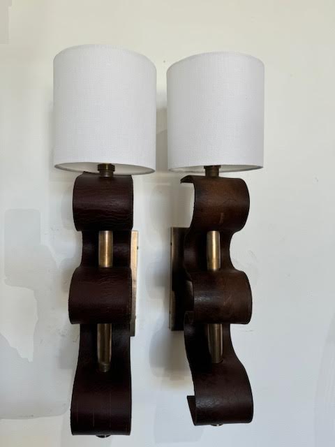 Pair of Lucca Studio Currier Sconces in Bronze and Leather