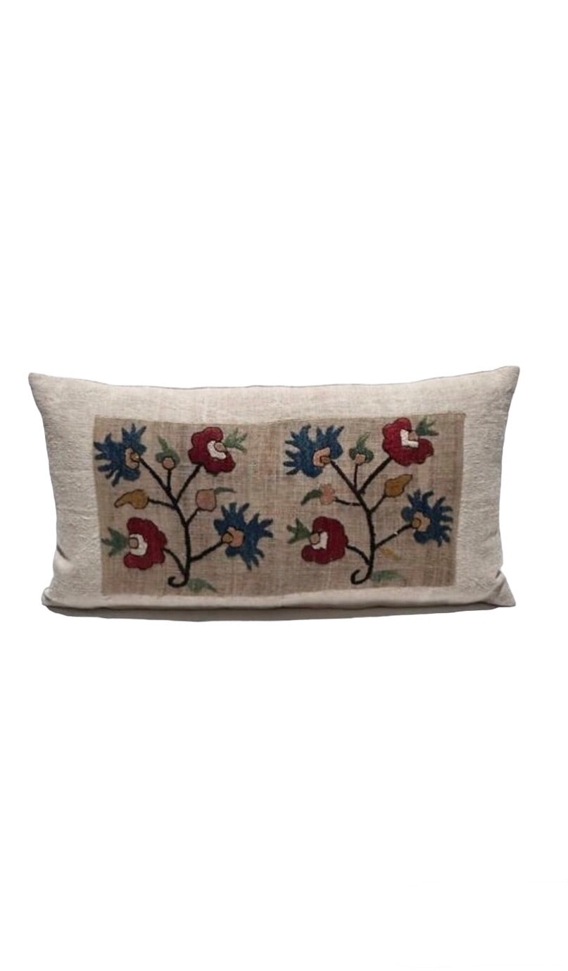 18th Century Turkish Embroidery Silk and Linen Textile Pillow