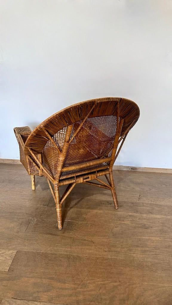 French Rattan Arm Chair with Leather Seat Cushion