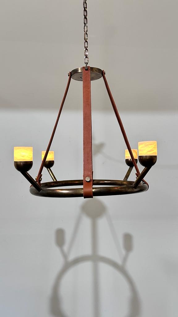 Limited Edition Bronze and Saddle Leather Loos Chandelier (4) Light