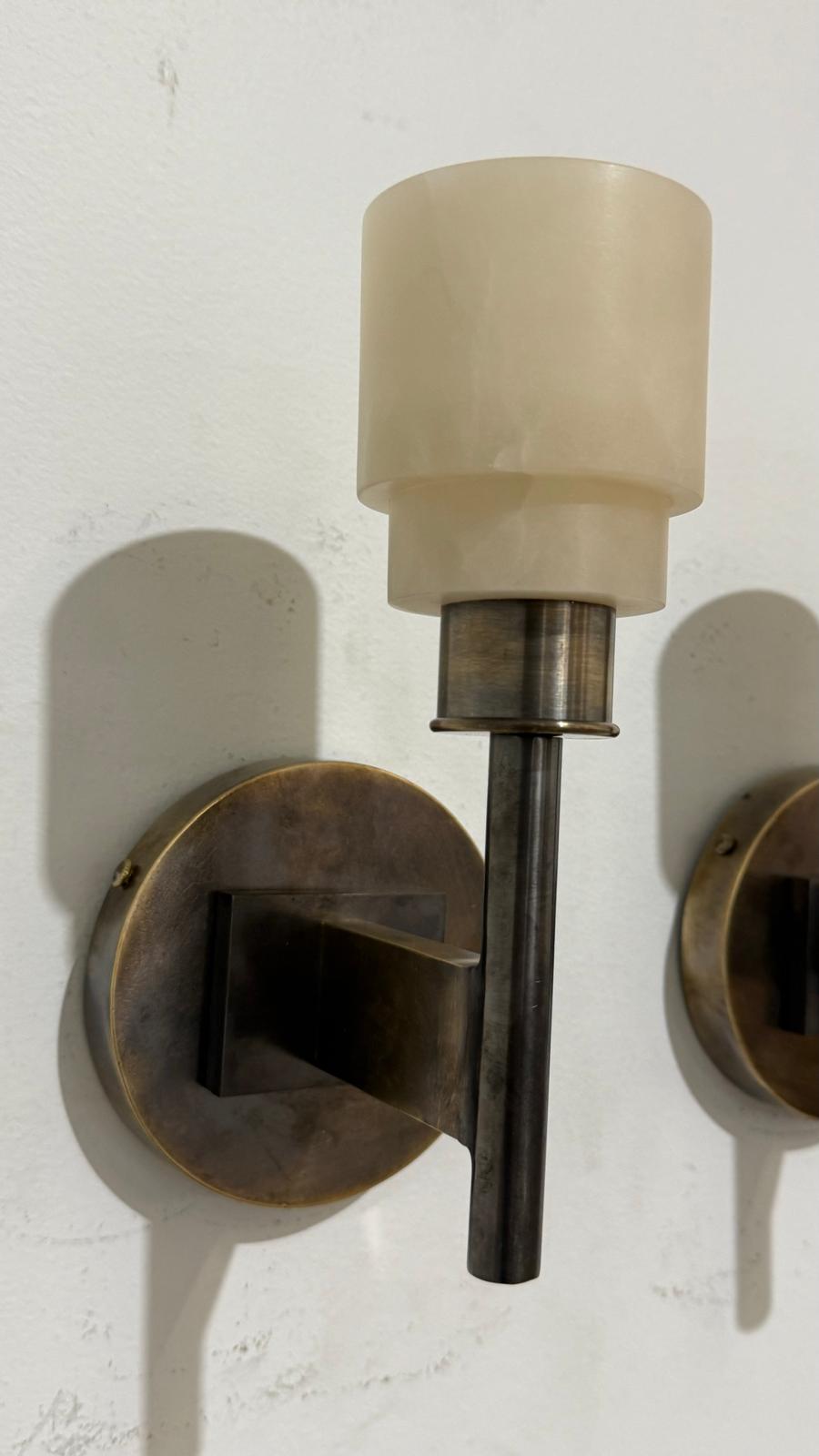 Lucca Studio Pair of Georgie Alabaster and Bronze Sconces