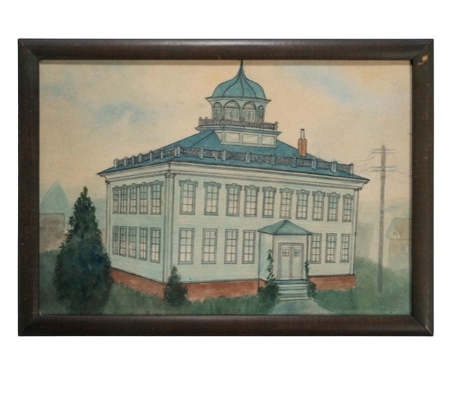 Rare 20th Century Composition American School House in Watercolor