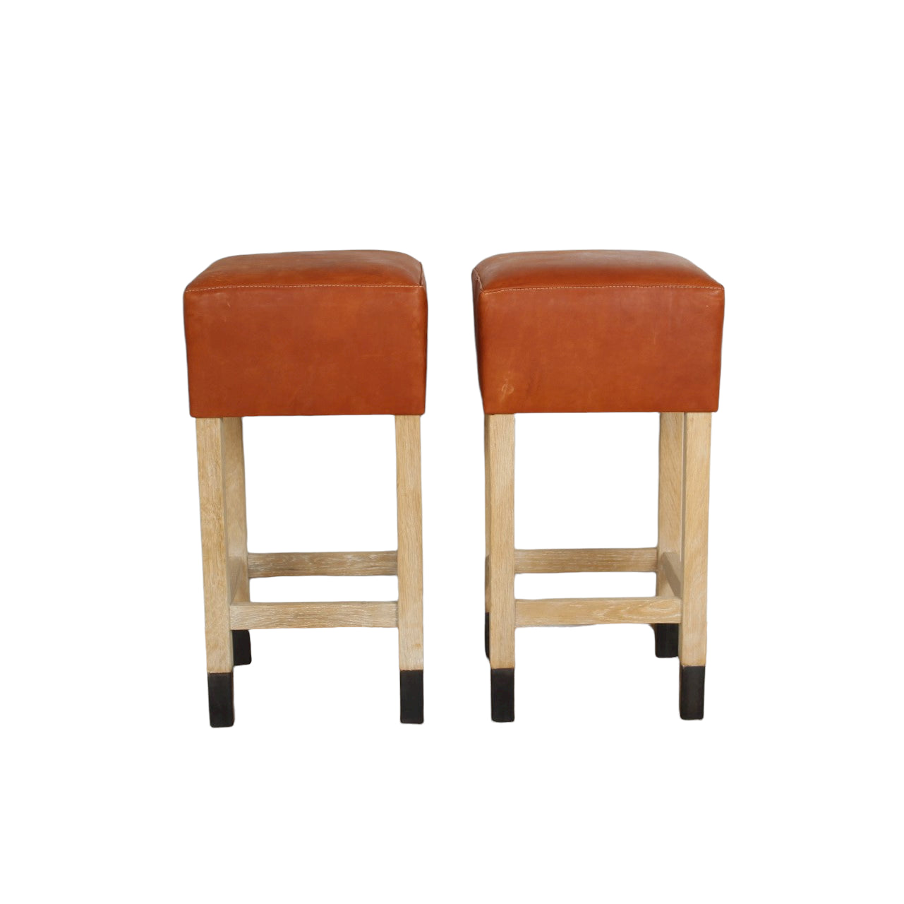 Lucca Studio Pair of Percy Saddle Leather and Oak Stools