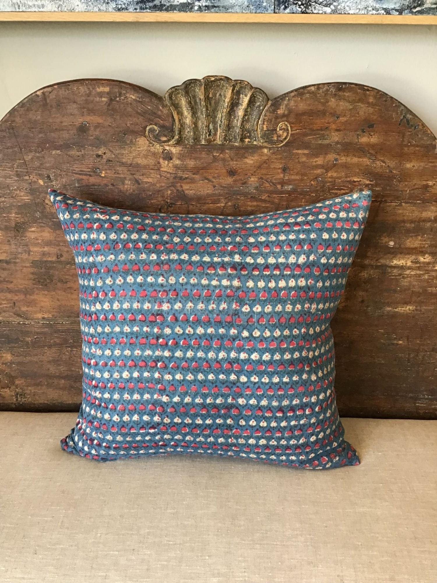 Limited Edition Antique Wood Block and Striped Textile Pillow