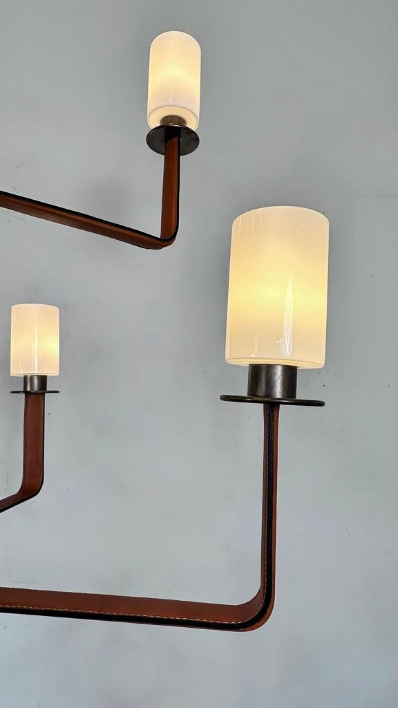 Lucca Studio Serge Bronze and Leather Chandelier with Opaline Lights