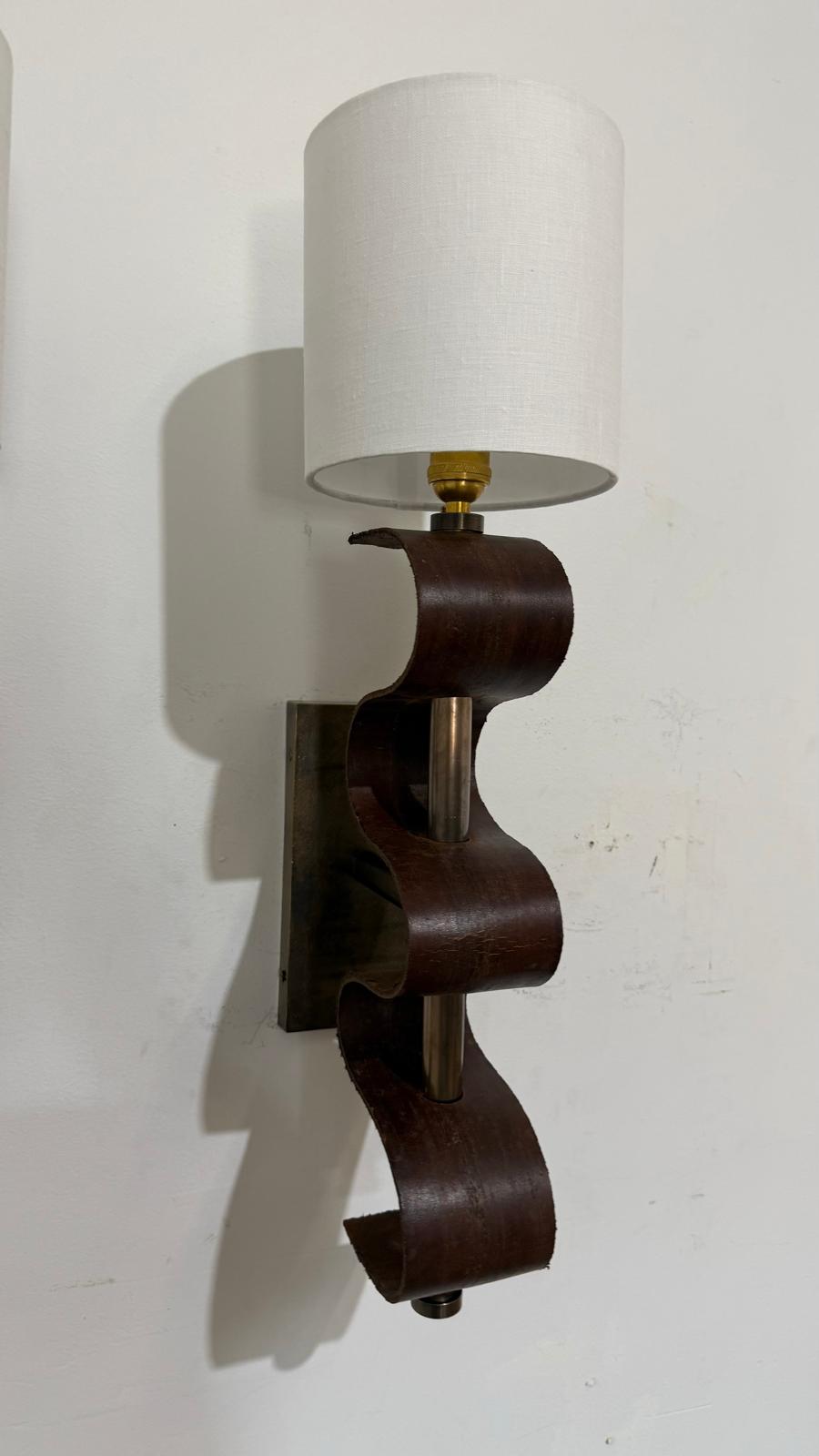 Pair of Lucca Studio Currier Sconces in Bronze and Leather