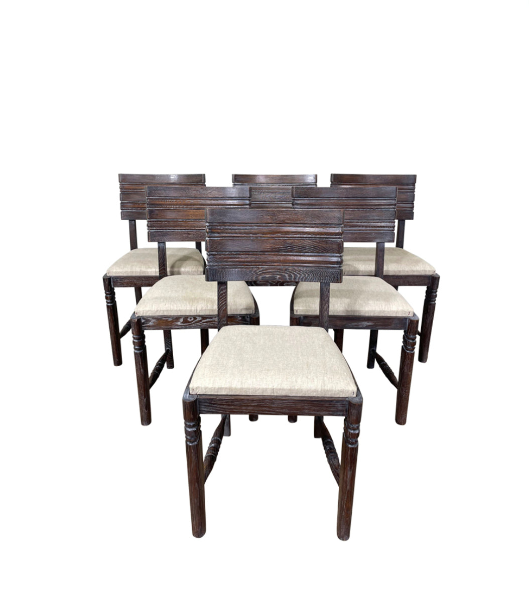 Set of (6) Charles Dudouyt, Cerused Oak Dining Chairs