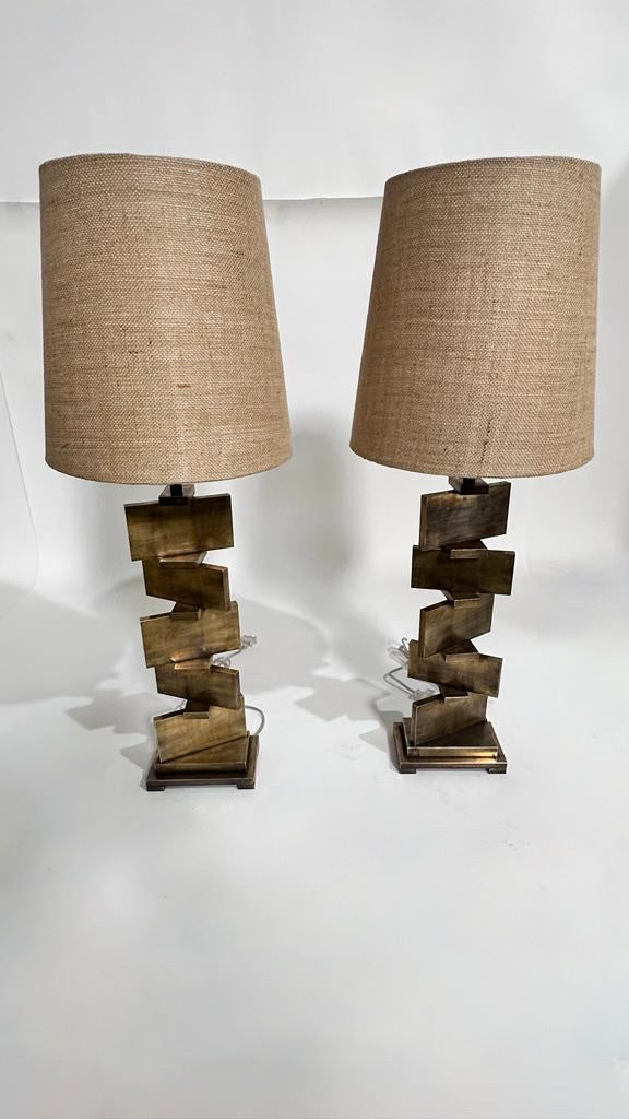 Lucca Studio Bronze Wyeth Lamps w/ Burlap Shades