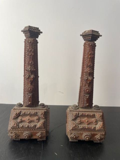 Rare Pair Tramp Art Candlesticks