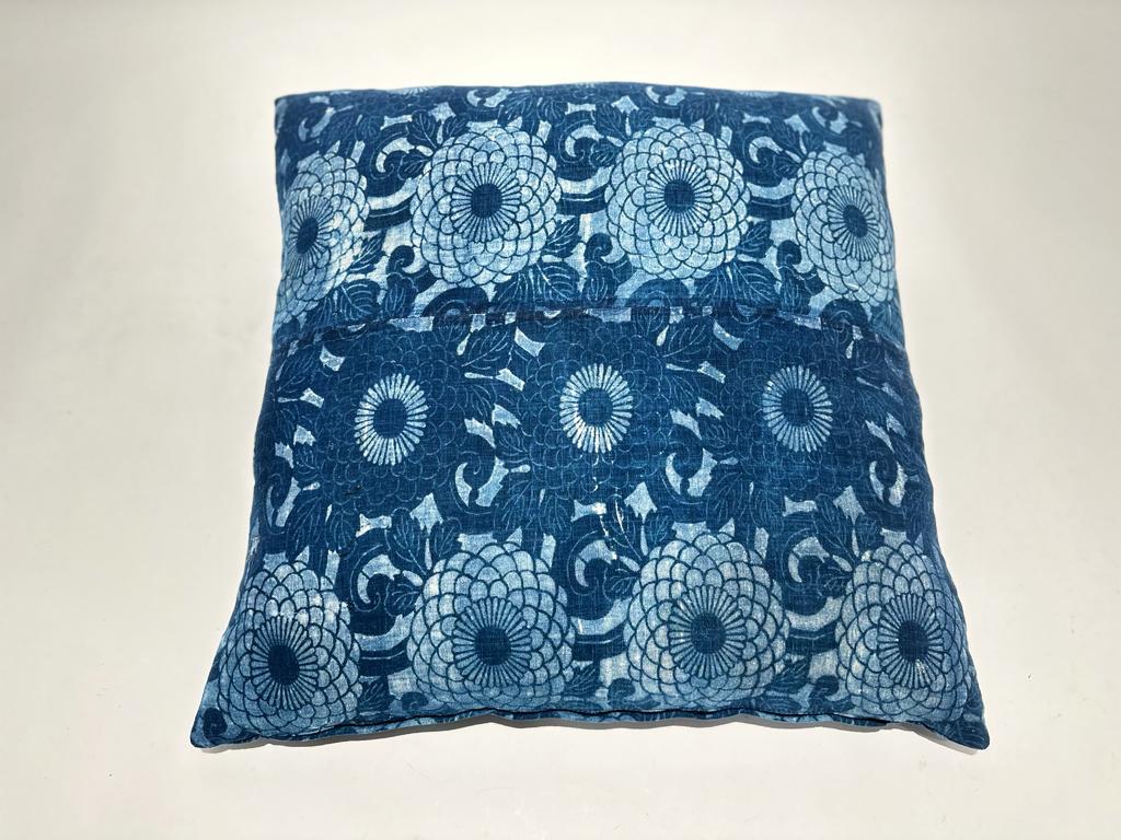 Antique Japanese Indigo Floral Textile Pillow