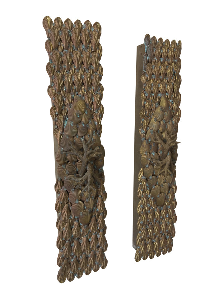 Large Scale Fantastical French Brass Shell Encrusted Sconces