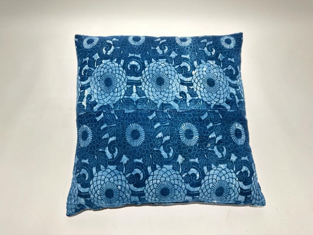 Antique Japanese Indigo Floral Textile Pillow