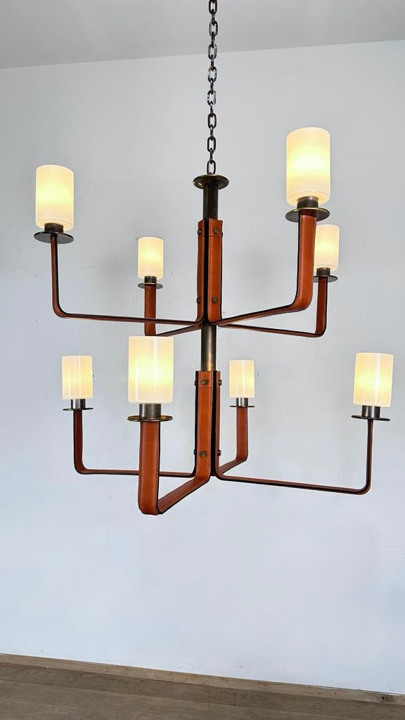 Lucca Studio Serge Bronze and Leather Chandelier with Opaline Lights