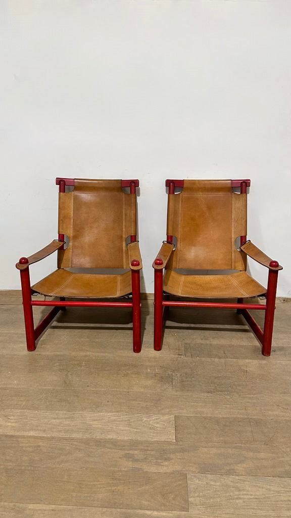 Pair of 1970's Saddle Leather Arm Chairs