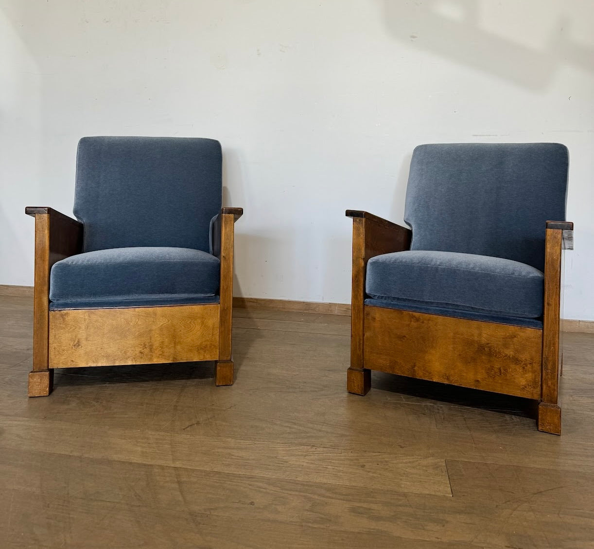 Pair of Swedish 1930's Burl Wood  Arm Chair in Italian Mohair