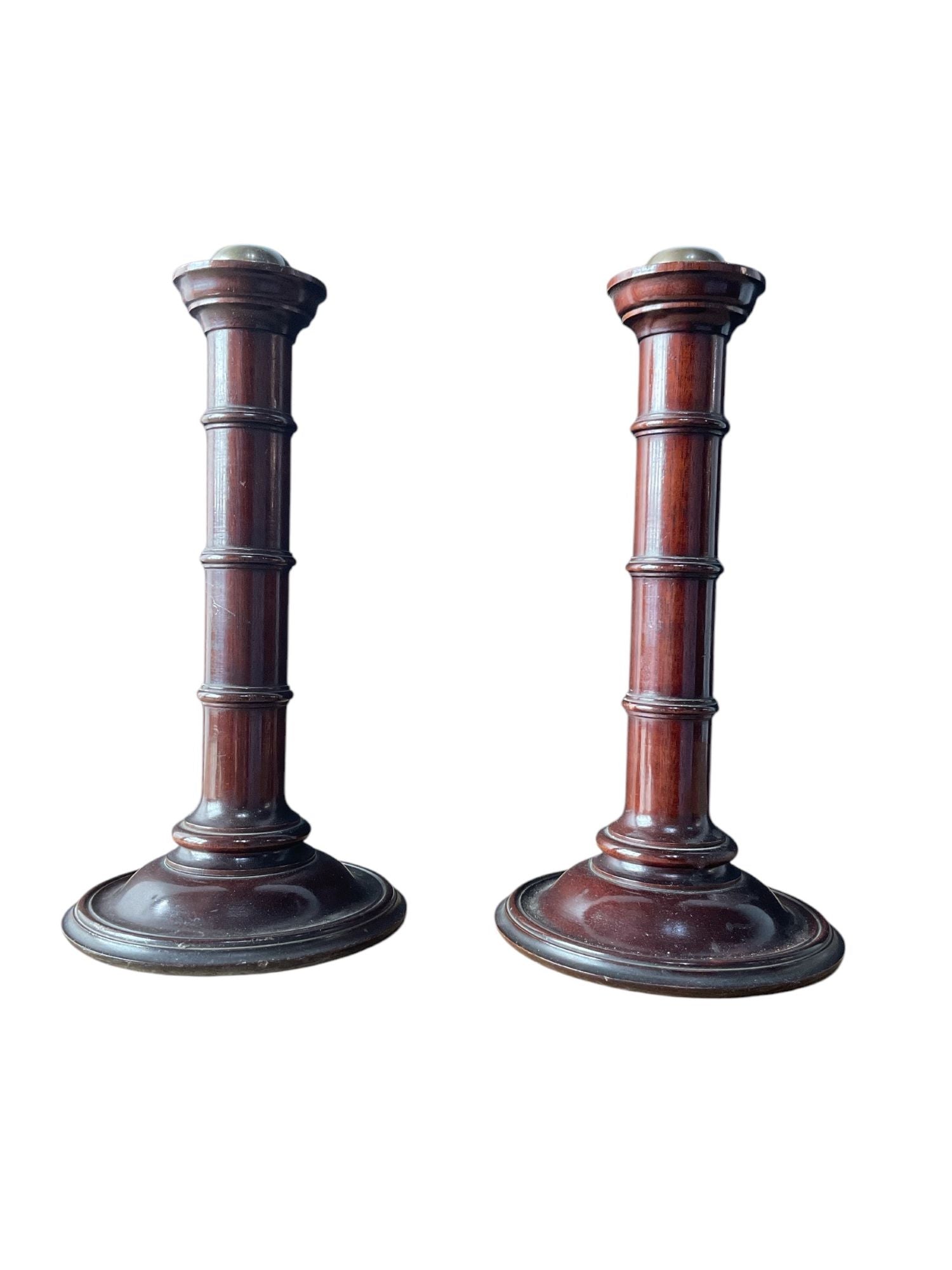 A Pair of English Wood Faux Bamboo Candlesticks