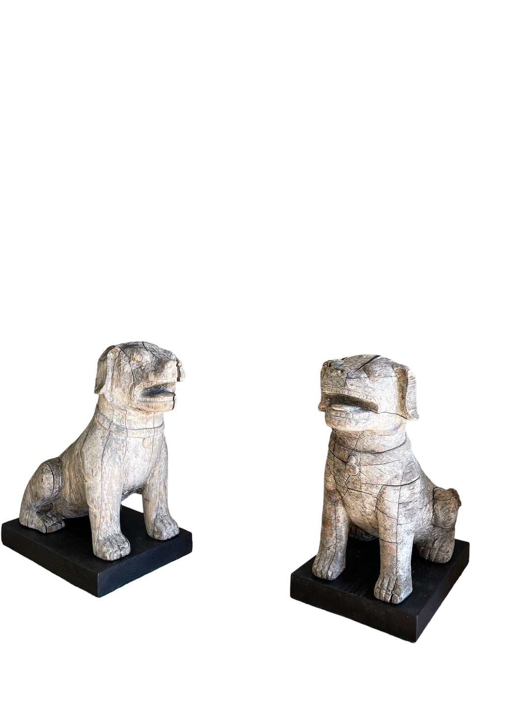 Pair 1920's Weathered Wood Foo Dogs