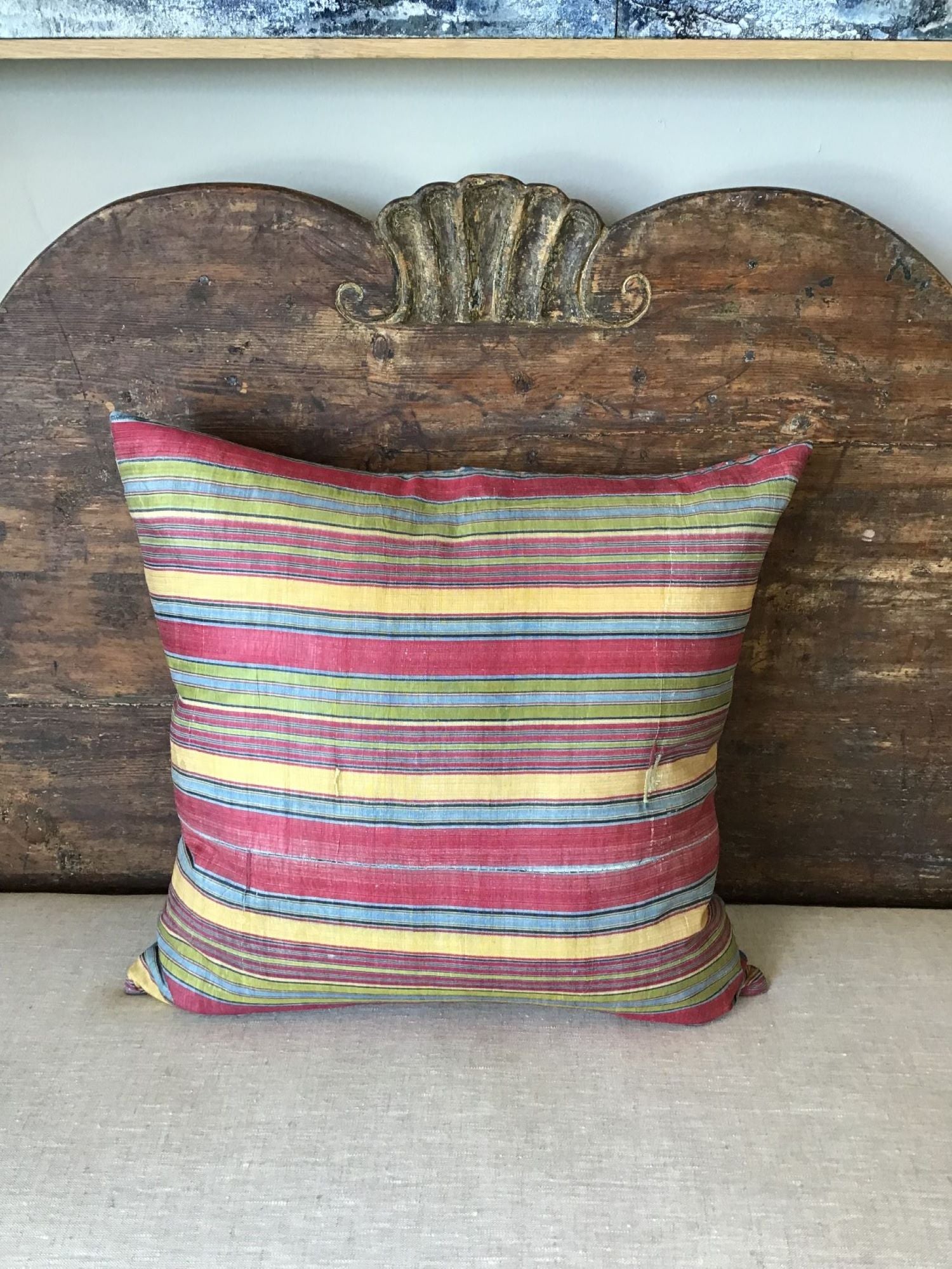 Limited Edition Antique Wood Block and Striped Textile Pillow