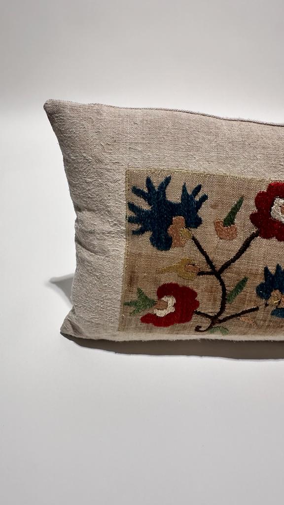 18th Century Turkish Embroidery Silk and Linen Textile Pillow