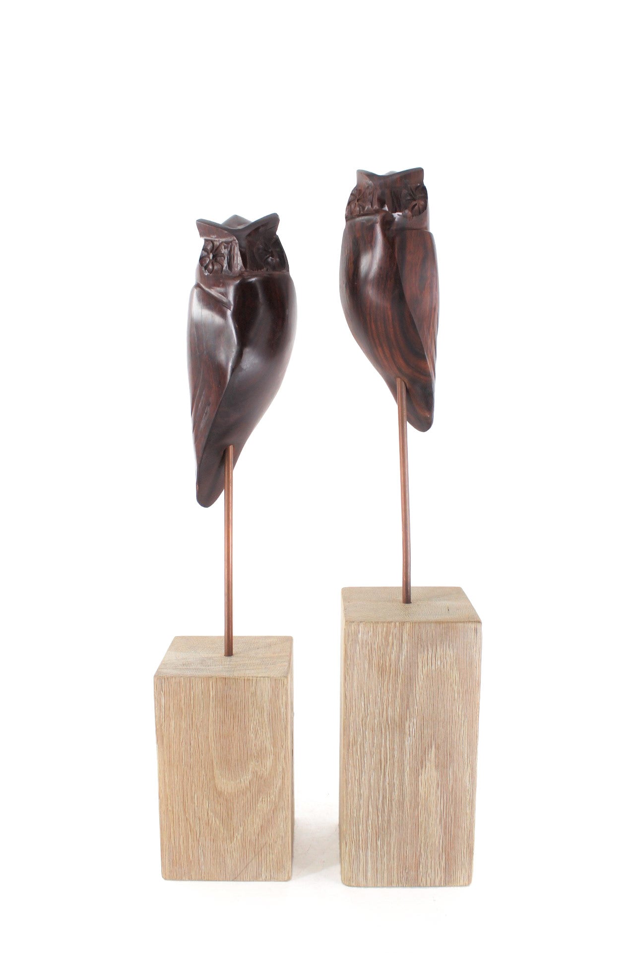 Pair of Sculpted Wooden Owls on Stands