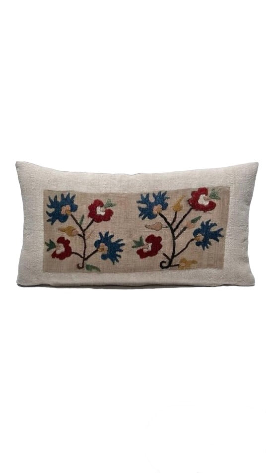 18th Century Turkish Embroidery Silk and Linen Textile Pillow