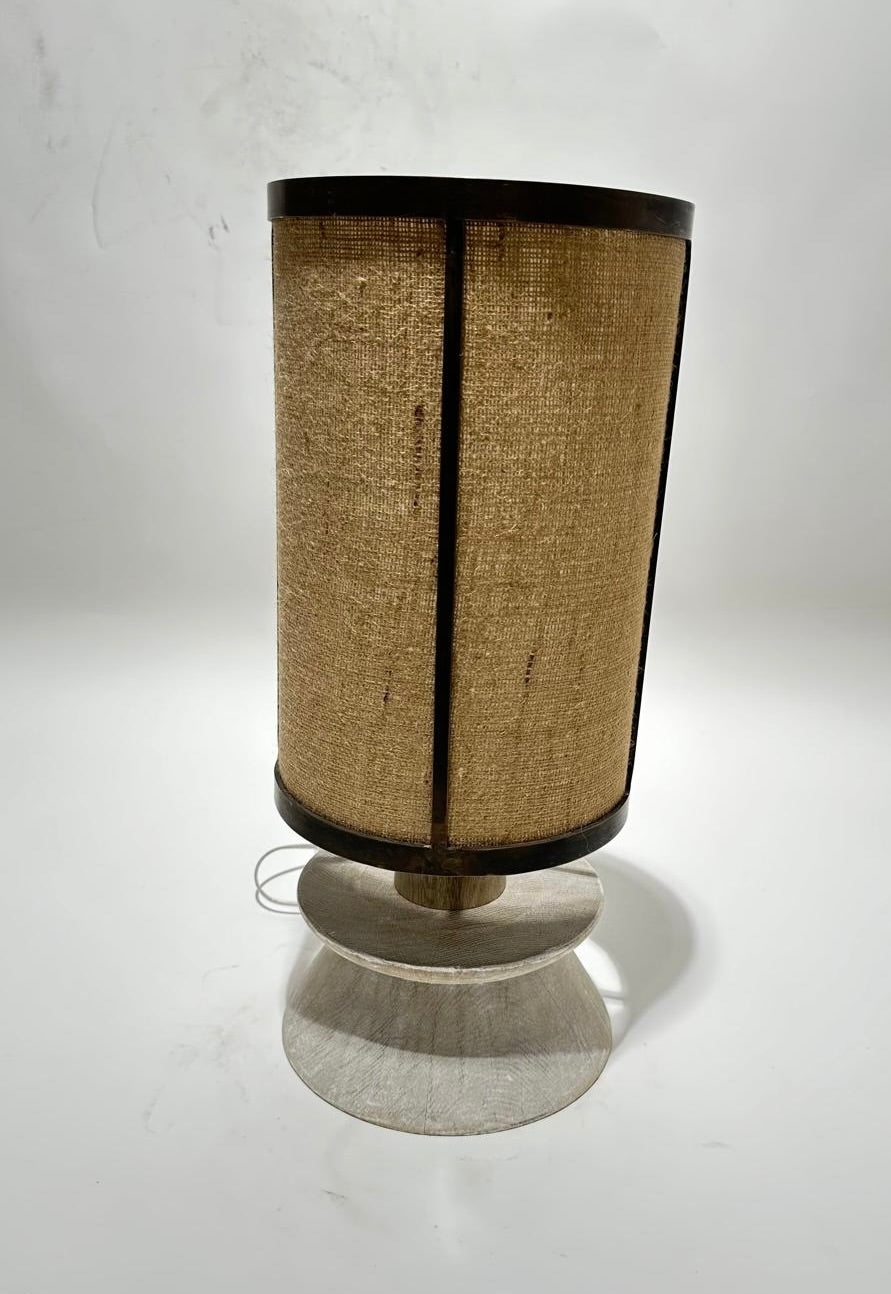 Limited Edition Bronze Lamp with Custom Burlap Shade and Oak