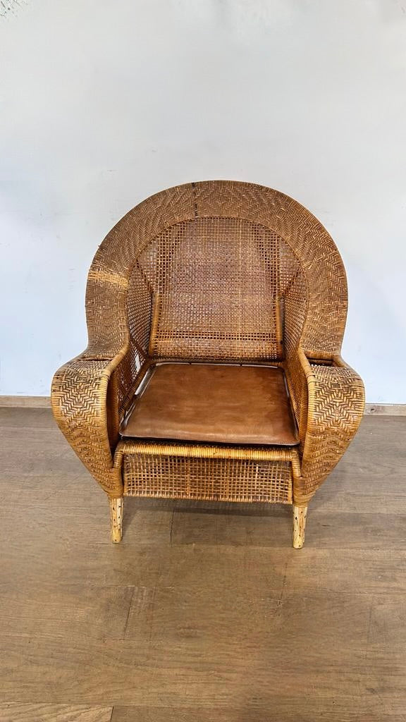 French Rattan Arm Chair with Leather Seat Cushion